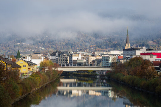 Villach city with the scenic Drava River, Austria