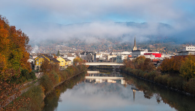 Villach city with the scenic Drava River, Austria