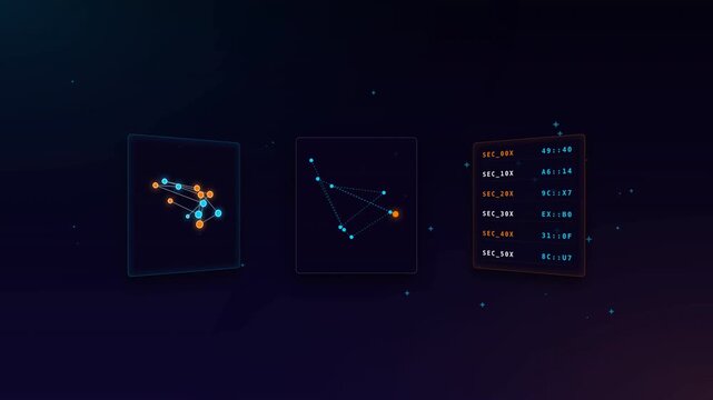 Motion Visualization of Data Points and Digital Interface in a Dark Environment for Technology and Data Analysis.