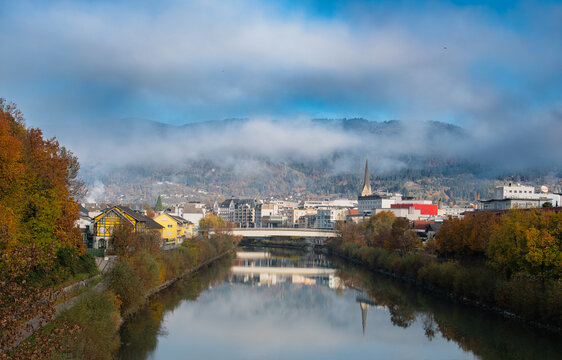 Villach city with the scenic Drava River, Austria
