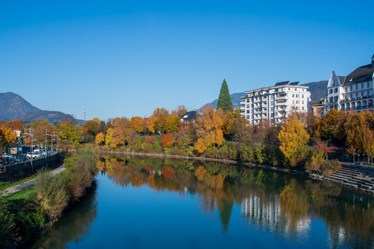 Villach city with the scenic Drava River, Austria