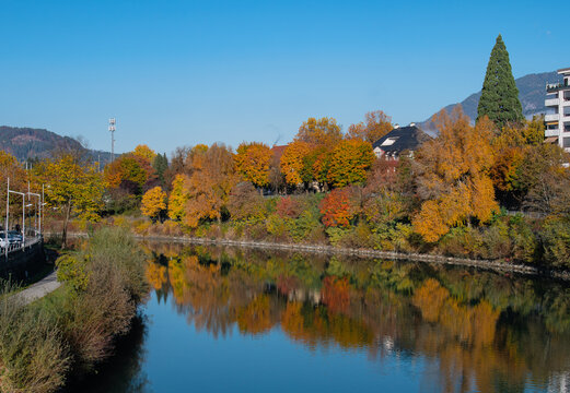 Villach city with the scenic Drava River, Austria