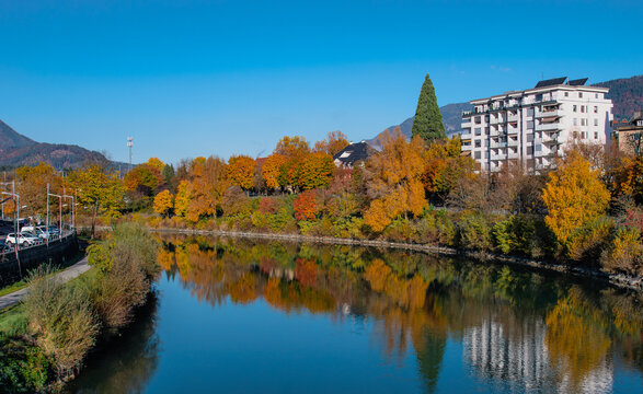 Villach city with the scenic Drava River, Austria