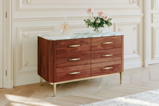 Dark walnut dresser with marble top and gold handles, adorned with a vase of pink roses, set against a light-colored wall in an elegant interior space
