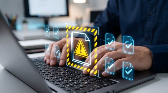 Document Rejection and Error Notification System. Businessman Using Laptop to Submit Documents to Compliance Verification with Problematic File Alert