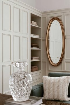 Crystal perfume bottle in softly blurred foreground with elegant mirror and neatly arranged shelves in a modern interior setting featuring neutral tones and textures