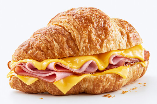 Delicious ham and cheese croissant sandwich on white background
