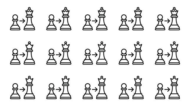 Industrial Black and White Chess Pawn Promotion Animation Sequence Showing Pawn Transforming into Queen