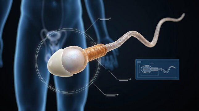 Detailed medical illustration of human sperm cell anatomy showing the head, acrosome, midpiece and flagellum with male reproductive system background for fertility, biology, healthcare and education.