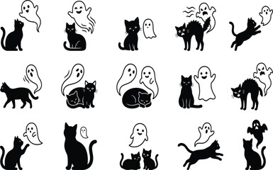 Fototapeta premium Spooky halloween vector bundle black cats ghosts perfect for fall designs