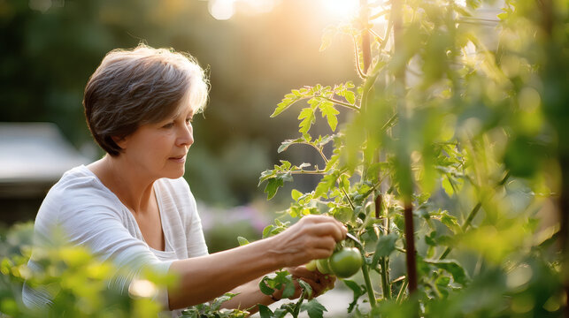 Senior woman harvesting fresh green tomatoes in a sunny garden, enjoying gardening and nature outdoors. Healthy lifestyle, organic food, homegrown vegetables.