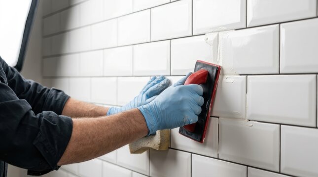 Hands wearing blue gloves are applying grout to white subway tiles using a trowel