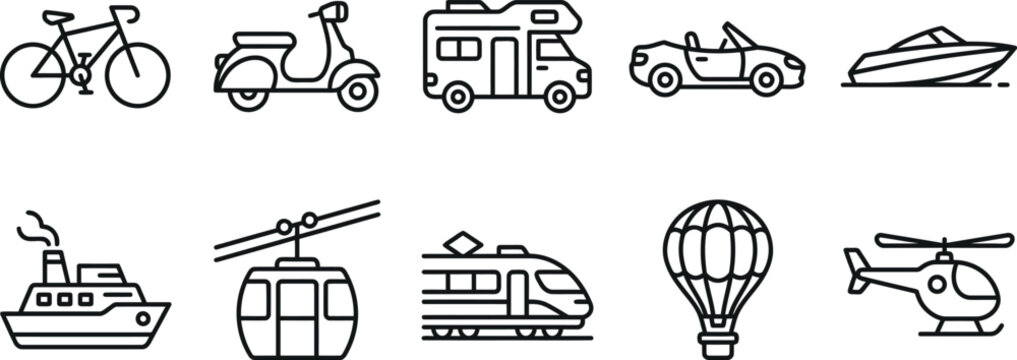 Collection of transport and travel mode outline icons for public transportation and vacation journeys with transport transportation motorhome convertible cablecar helicopter vacation mobility