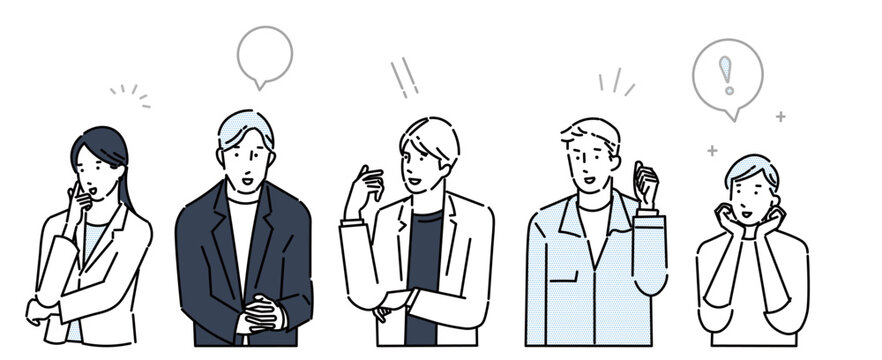 ビジネスパーソンの男女ーポジティブーひらめいた表情ーアイデアが浮かぶーシンプルベクターイラスト素材Business Professionals (Male and Female) &mdash; Positive &mdash; Expressions of Inspiration &mdash; Ideas Coming to Mind &mdash; Simple Vector Illustration Assets
