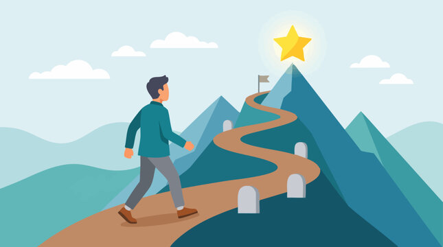 Man walking on a winding mountain path towards a star, symbolizing success