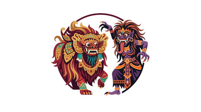 Circular frame enclosing Balinese Barong and Rangda figures.
