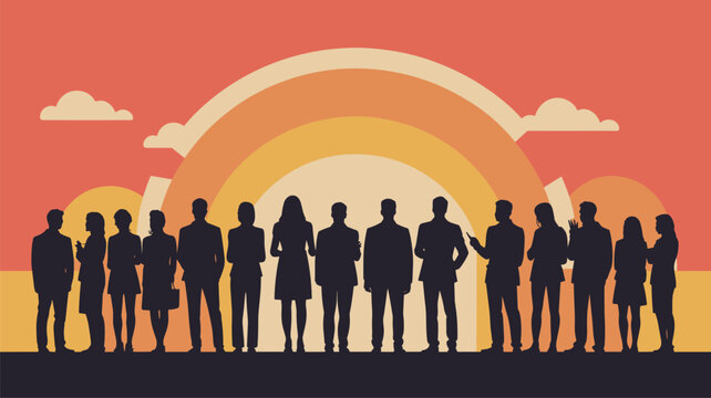 Large diverse group of business professionals standing together in front of retro sunset arch, corporate community and teamwork, flat illustration, 20 words.