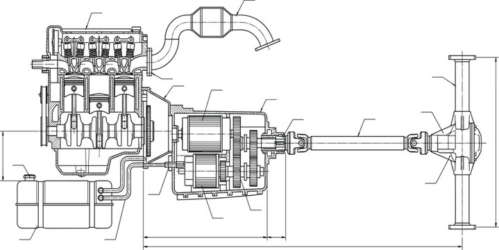 Technical blueprint of internal combustion engine and hybrid drivetrain system with transmission schematic