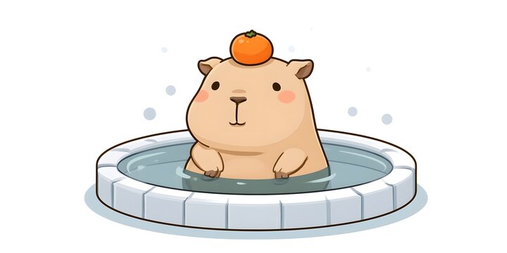 Adorable capybara relaxing in hot spring with orange on head, kawaii style, clean outlines, pastel palette, transparent background.