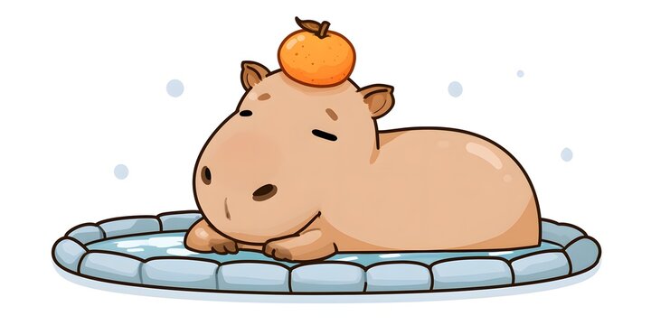Adorable capybara relaxing in hot spring with orange on head, kawaii style, clean outlines, pastel palette, transparent background.