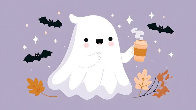Cute smiling ghost holding pumpkin latte, bats, stars, fall leaves, playful pastel Halloween aesthetic, transparent background.