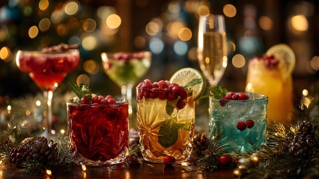 Collection of colorful Christmas cocktails arranged on elegant holiday table, champagne, martini, mulled wine, mojito, cranberries, pine cones, ornaments, fairy lights, luxurious holiday celebration.