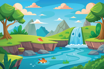 Obraz premium natural landscape vector design with lake view, green trees, hills, sun and fish 