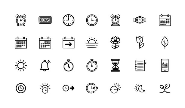 Spring Forward Time Change Vector Icons Set with Alarm Clocks and Calendar for Daylight Saving Time