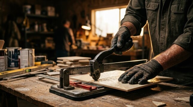 Craftsman wearing gloves cuts ceramic tile with a manual cutting tool in a workshop