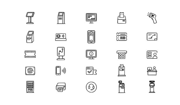 Digital Ticket Kiosk Outline Vector Icons Set with Interactive Self Service Machine Symbols