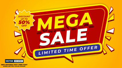 Mega sale limited time offer text effect. professional 3D editable vector design element. bright yellow and red promotional marketing banner. retail advertising template with discount, promotion © sawrav97