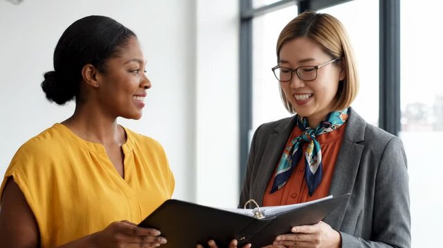 Two professional women reviewing documents in a business meeting