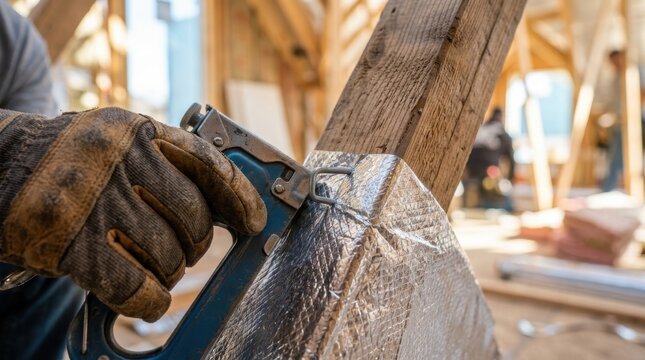 A gloved hand uses a staple gun to attach reflective insulation material to wooden beams during construction