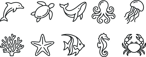 Set of sea life and marine animals line art icons with ocean life sea creatures black and white underwater wildlife dolphins jellyfish starfish seahorse elements © SAIFUL