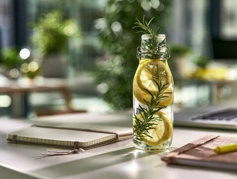 Refreshing infused water with lemon and rosemary in a modern office setting