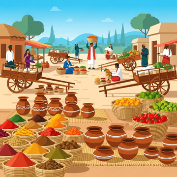 Vibrant vector illustration of a traditional South Asian marketplace with spice baskets, clay pots and vendors.