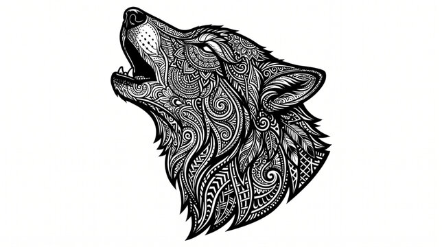Howling Wolf Head Profile Silhouette with Intricate Mandala and Tribal Line Art Pattern, Black and White Vector Illustration Isolated on White Background
