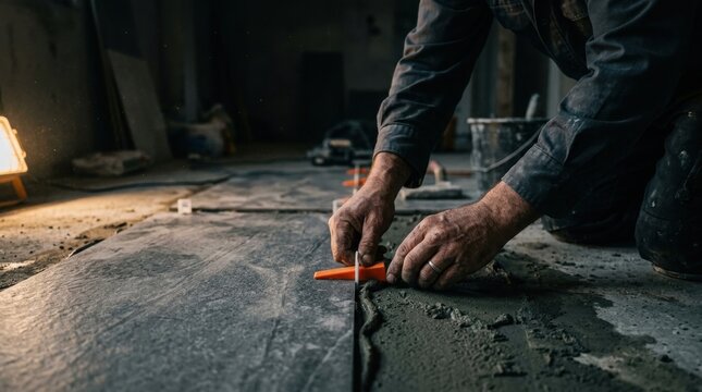 Construction worker carefully places tiles on a floor with wet cement and spacers