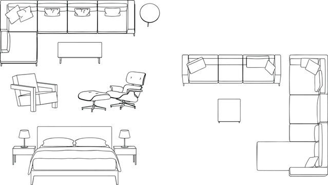 "Vector illustration set of furniture layouts including sectional sofas, coffee tables, lounge chairs, armchairs, and beds for interior design and architectural projects"