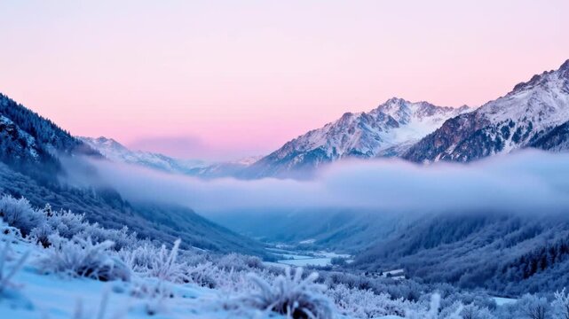 Frosted alpine shrubs in foreground overlooking a snow-filled valley with conifer forests, low mist and pink dawn sky above jagged snow-capped peaks tranquil winter dawn atmosphere