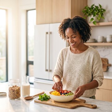 Smiling Black woman preparing a healthy fruit bowl with fresh mango and berries in a bright modern kitchen