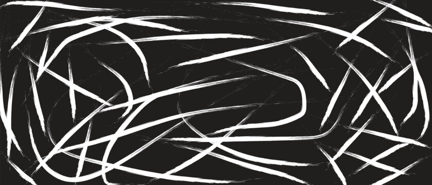 Abstract White Grunge Scribble Lines On Black Background Hand Drawn Chalk Strokes Messy Sketch Texture Modern Art