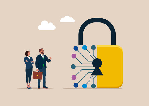 Smart AI lock. Engineering technological, digital technology. Unlock business accessibility. Solve business problem, professional to give solutions. Modern vector illustration in flat style