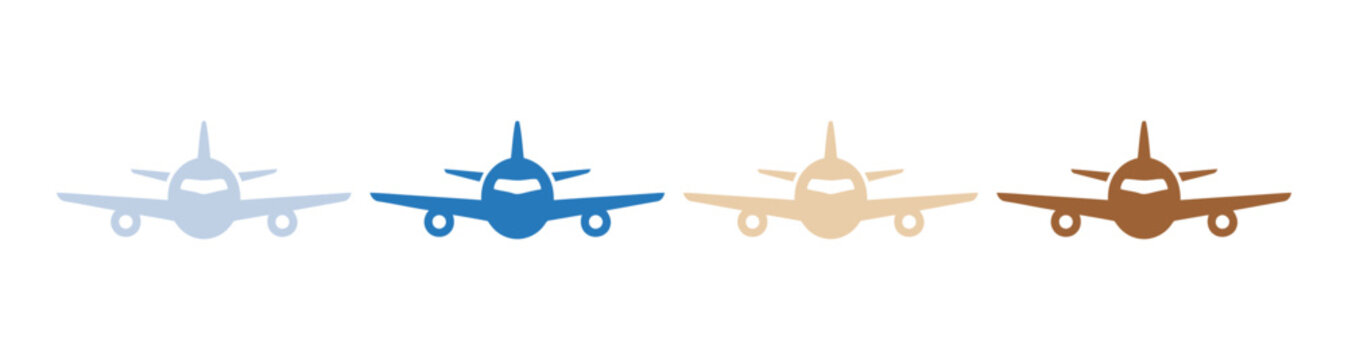 Airplane icons showing front view of commercial jets for travel and aviation transportation design concepts in flat vector style