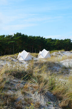 Sand dunes and 2 tents on a campsite at Darss Peninsula