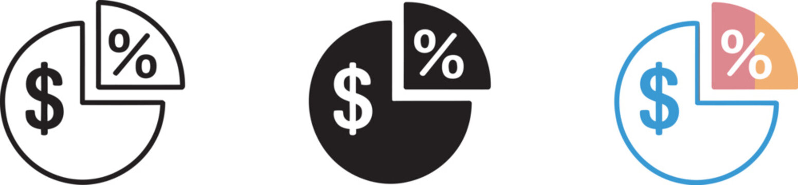 Financial dividend distribution pie chart icon set featuring profit allocation, business growth, shareholder returns and investment income symbols in a modern vector style for finance 