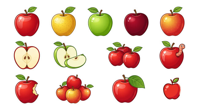 Cartoon apple collection with 13 colorful fruit icons, red and green apple illustrations, fresh organic fruit set for healthy food design
