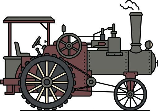 Vintage traction locomotive vector profiling antique boilerplate machinery beside wheels