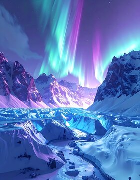 A serene, icy valley under the vibrant colors of the Northern Lights