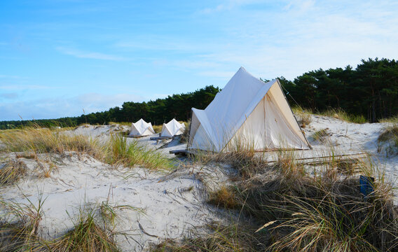 Darss Peninsula, Germany tents in the sand dunes at the baltic sea